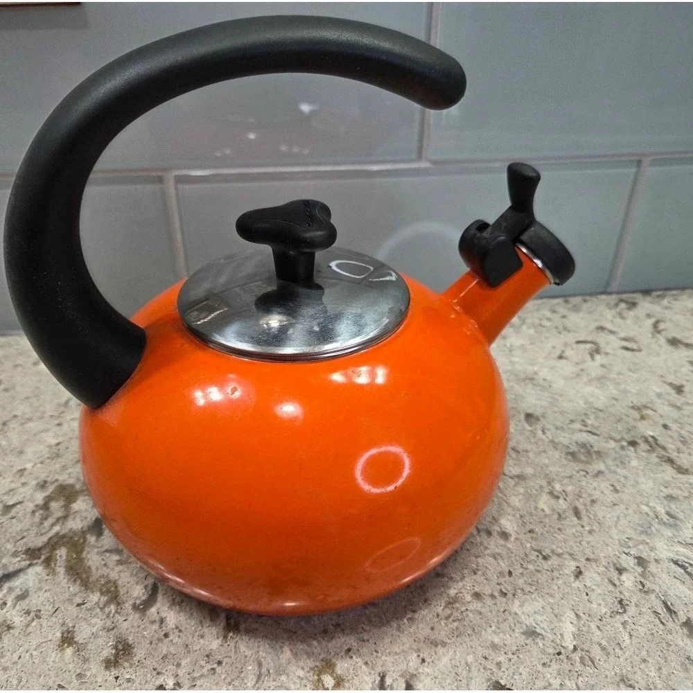 VINTAGE Rachel Ray Orange Enamel Whistling Tea Kettle Stovetop 1.5 Quart Retro
